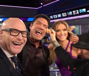 Photo l to r: Darren Kavinoky, Louis Aguirre and Debbie Matenopoulos behind the scenes on set at The Insider on February 19, 2016.