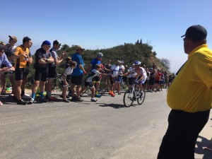 Amgen Tour of California cyclist reaches out to a fan on Gibraltar Road Santa Barbara May 17, 2016 